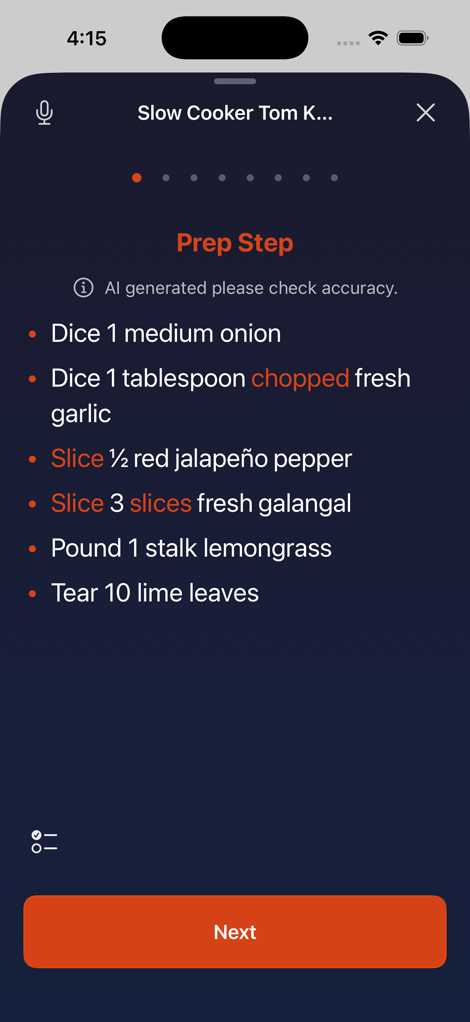 Marinaid cooking mode showing step-by-step instructions