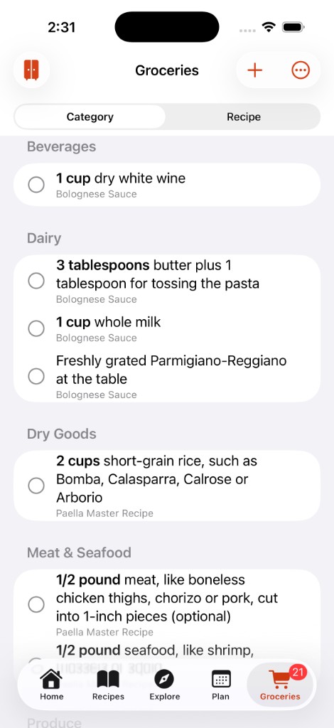 Marinaid grocery list organized by category