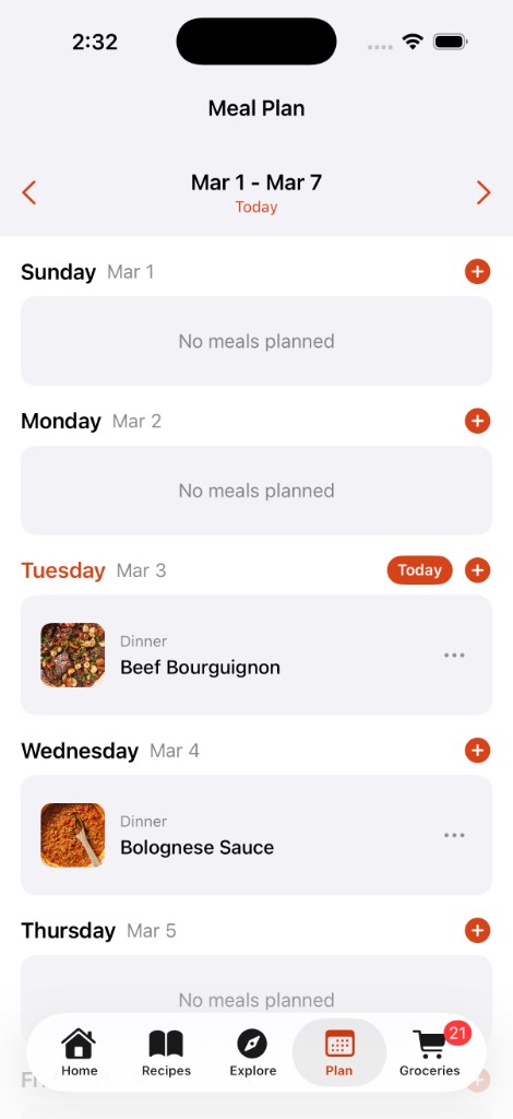 Marinaid meal plan showing weekly schedule with recipes