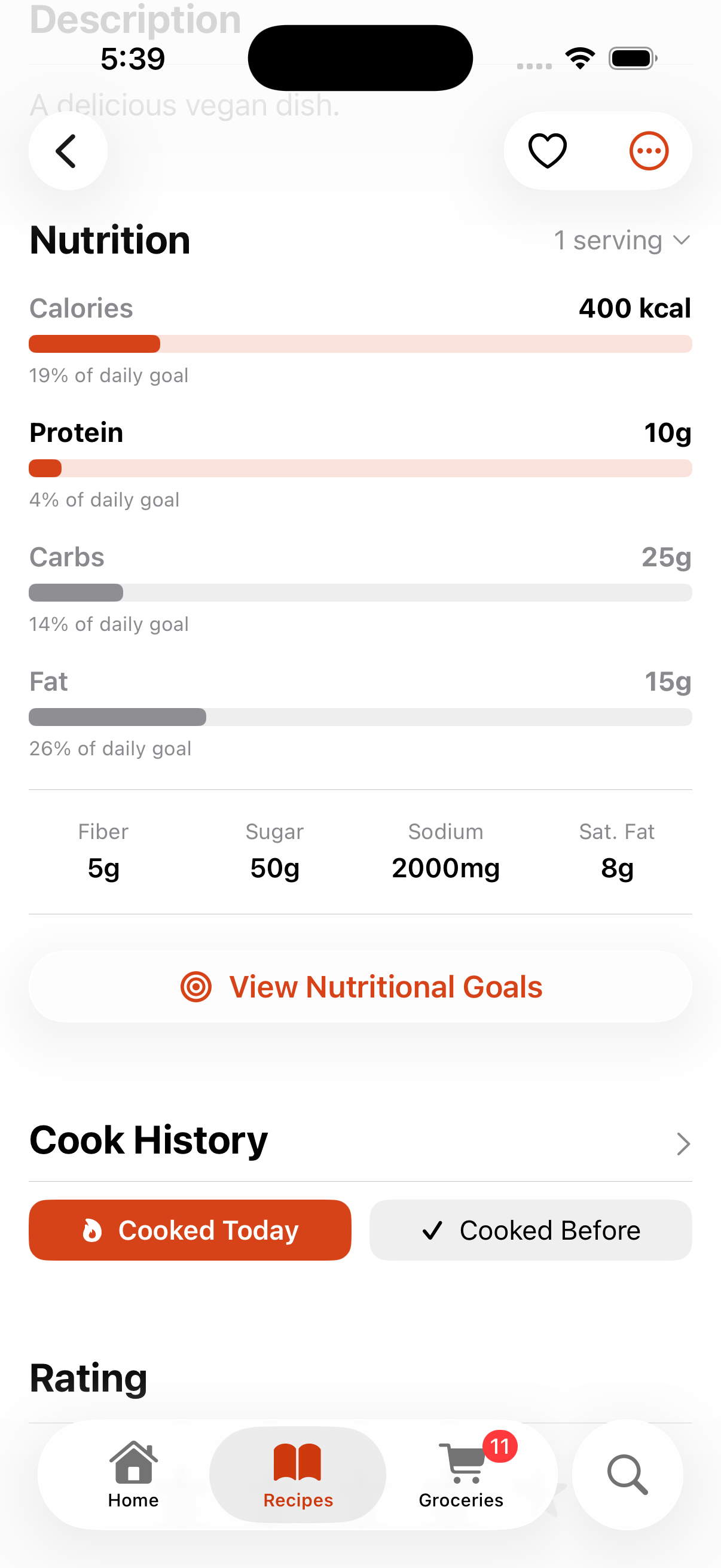 Marinaid nutrition screen showing calories, protein, carbs, and fat with daily-goal progress