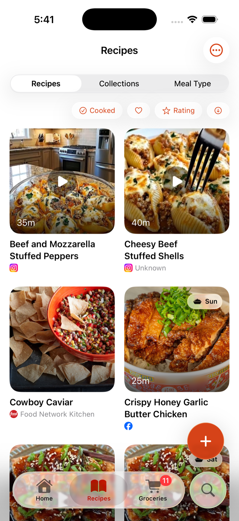 Marinaid recipes list with Recipes, Collections, and Meal Type tabs plus filters
