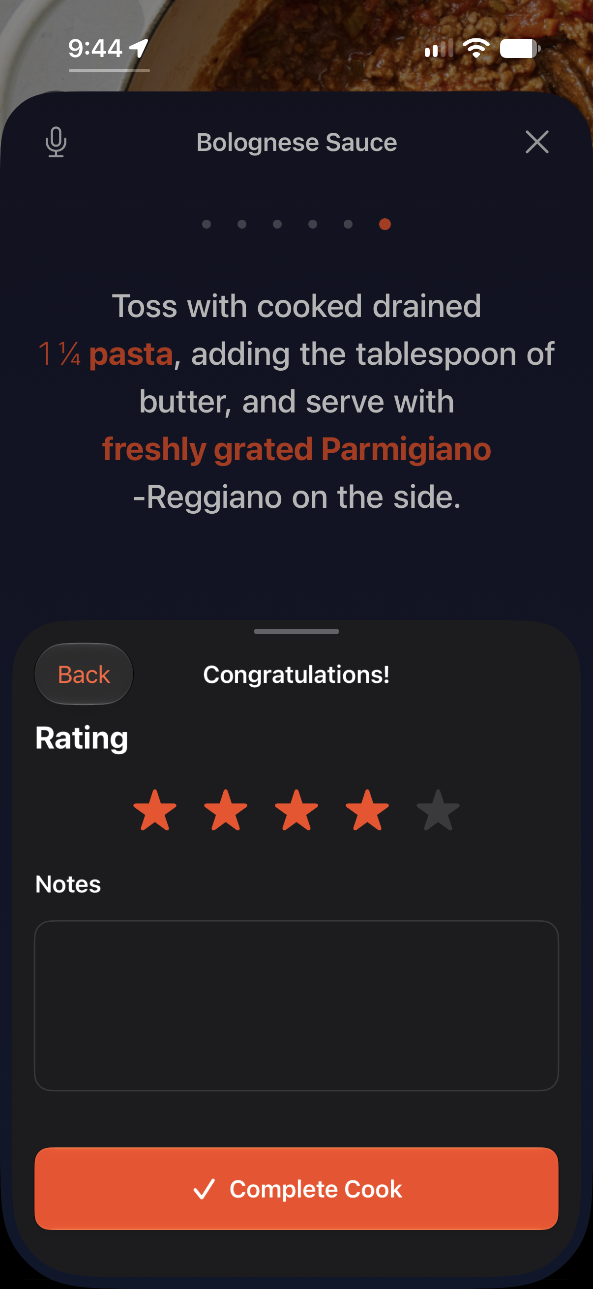 The finish sheet asking for a rating and notes