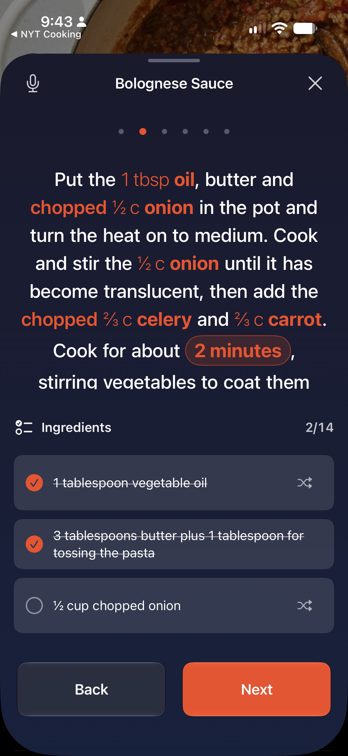The ingredient checklist inside cooking mode, two of sixteen ticked off