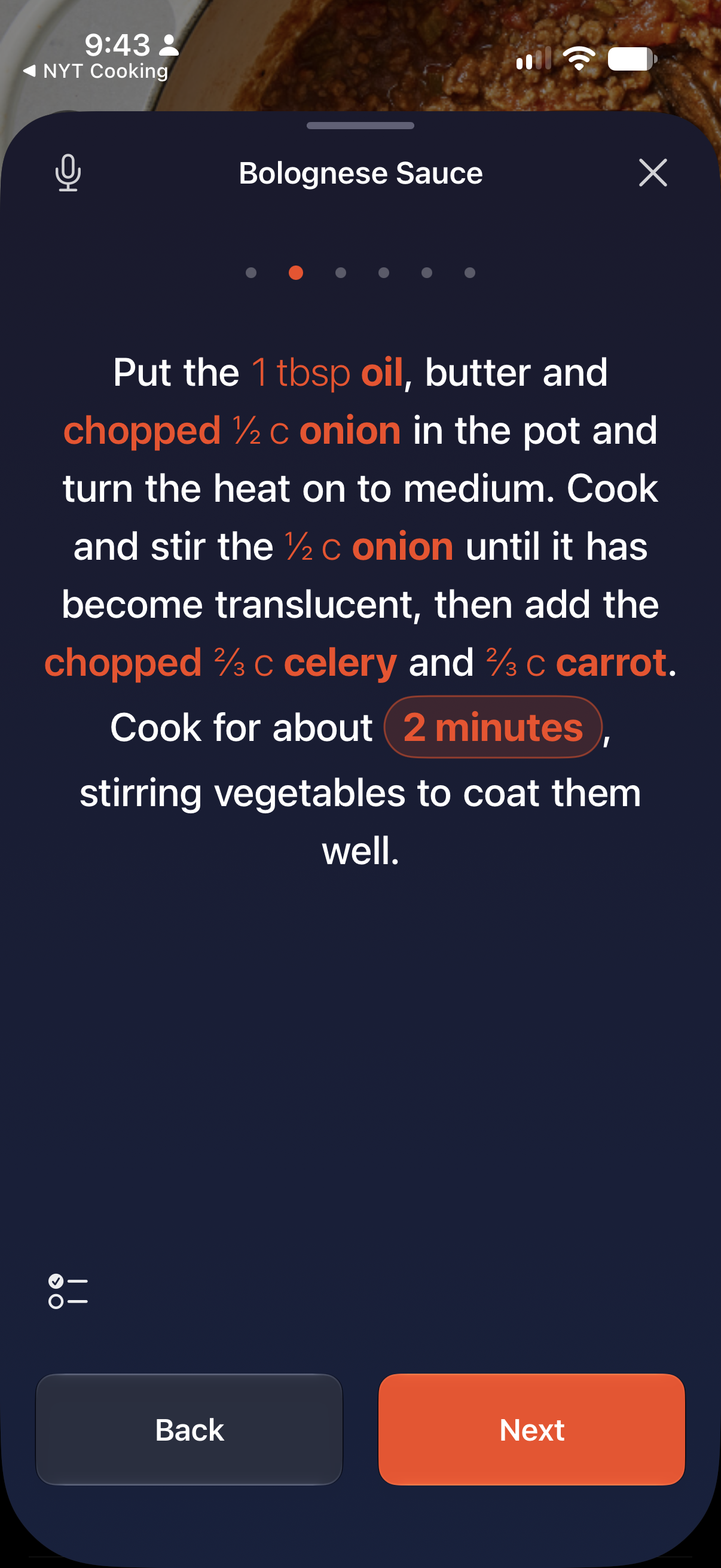 A cooking step with its ingredient amounts highlighted inline