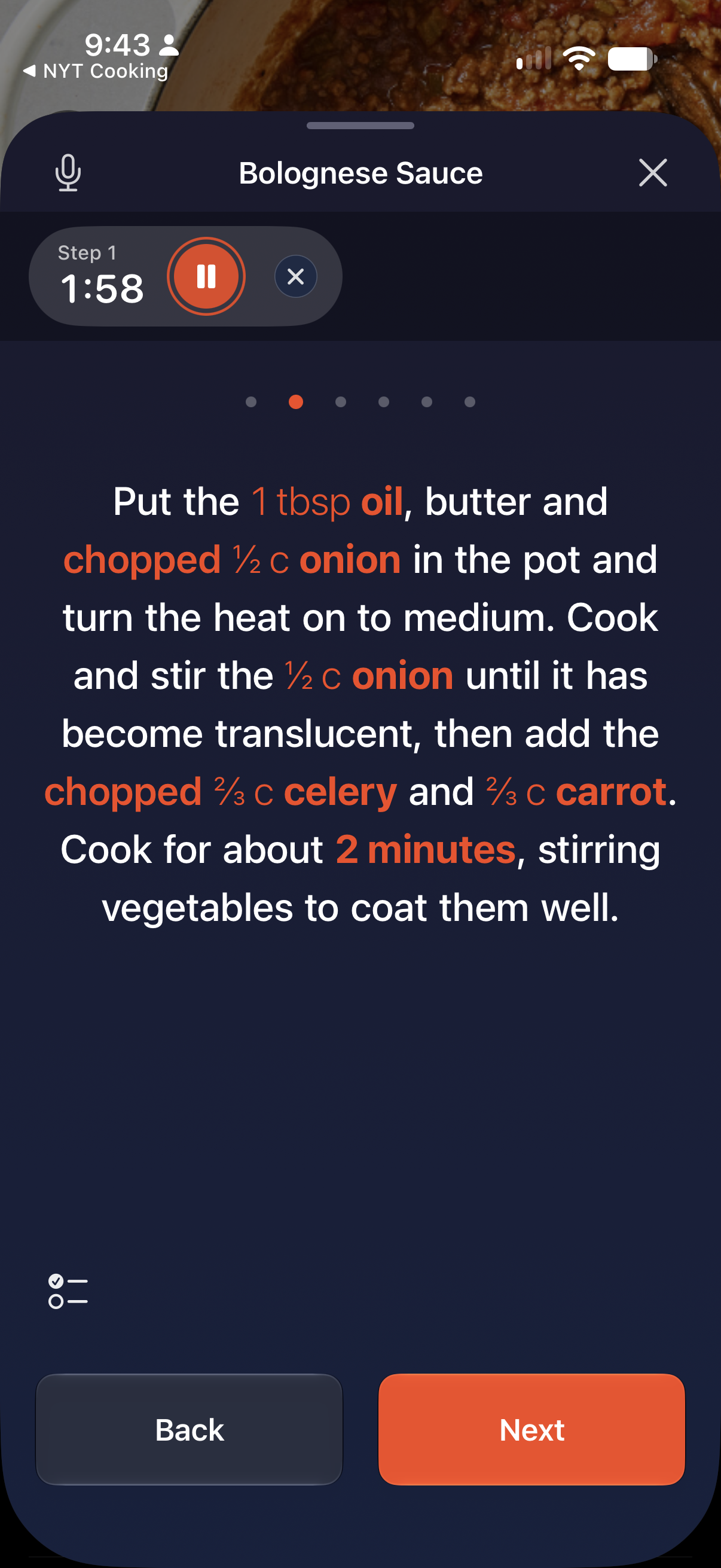 A step timer counting down at the top of cooking mode