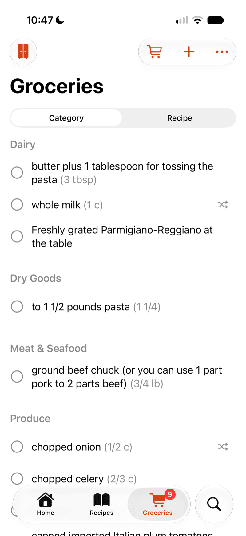 Marinaid grocery list grouped into Dairy, Dry Goods, Meat and Seafood, and Produce