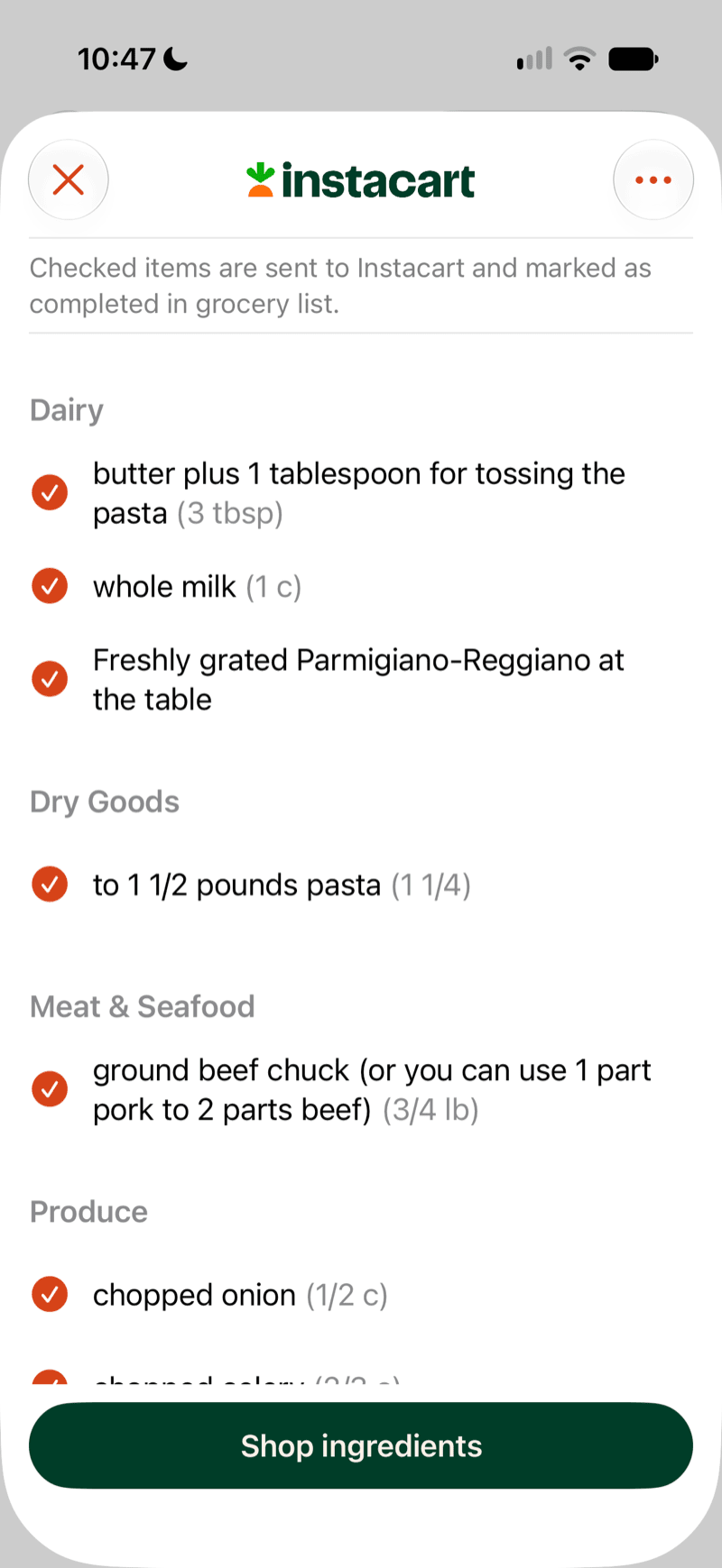 Sending checked grocery items to Instacart from Marinaid