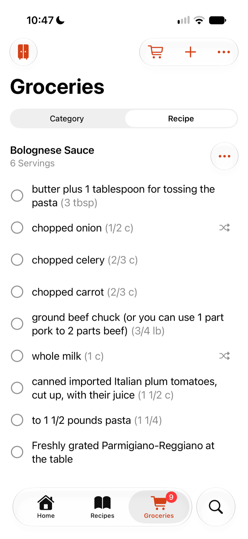 The same grocery list grouped by recipe, showing Bolognese Sauce for six servings