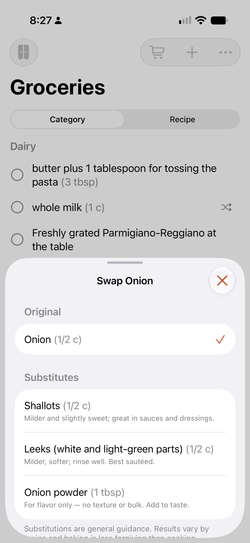 The swap sheet for onion, offering shallots, leeks, or onion powder as substitutes