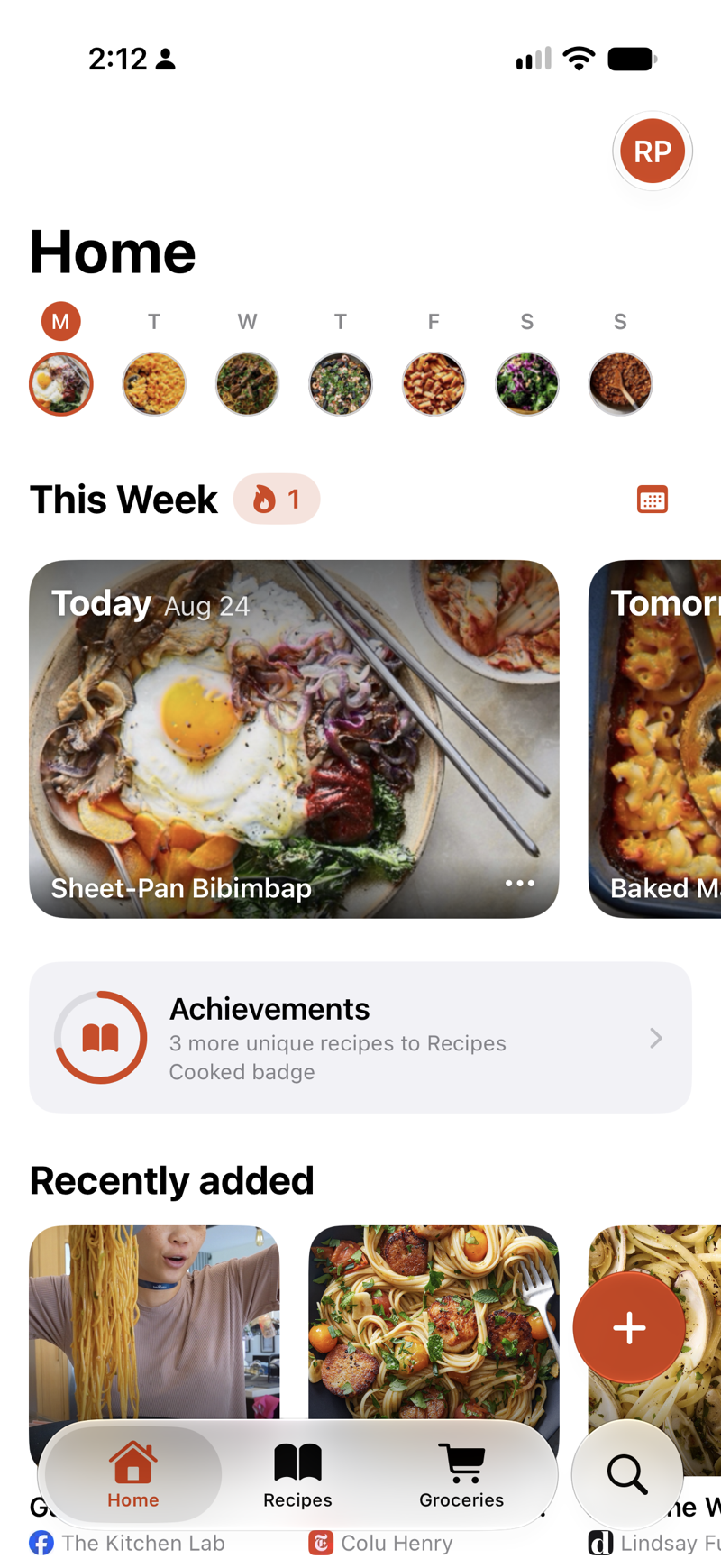Marinaid home screen showing recent recipes and collections