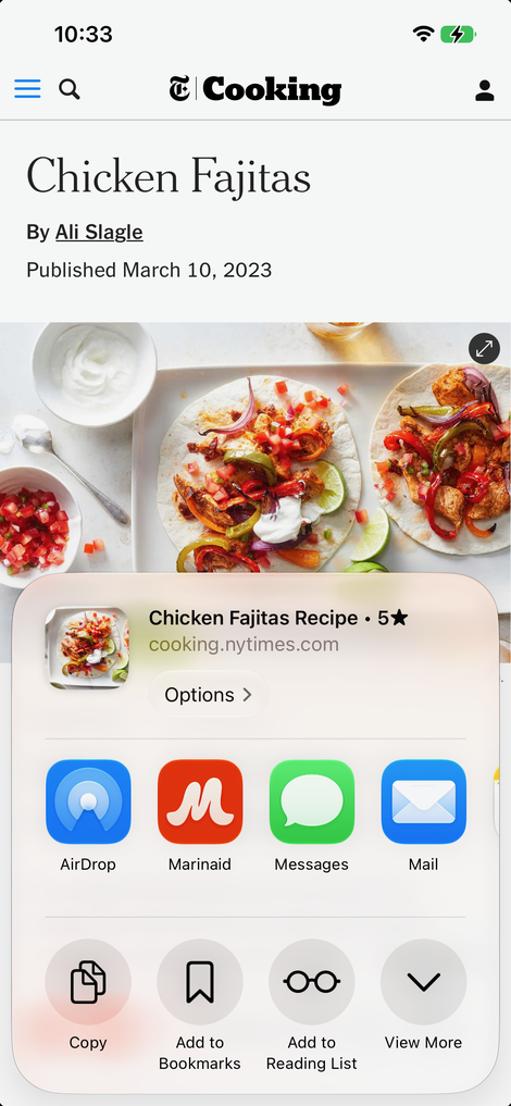 Sharing a recipe to Marinaid from a browser share sheet