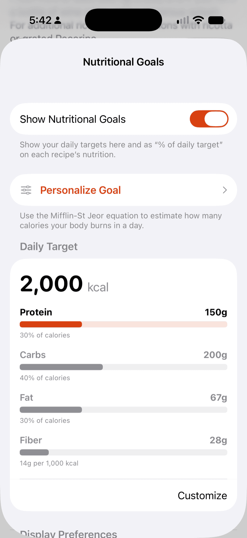 The Nutritional Goals sheet with a daily target of 2,000 kcal and protein, carb, fat and fiber targets