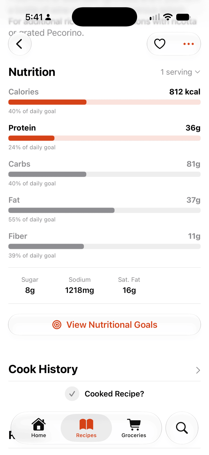 A recipe's nutrition panel showing calories, protein, carbs, fat and fiber against daily goals