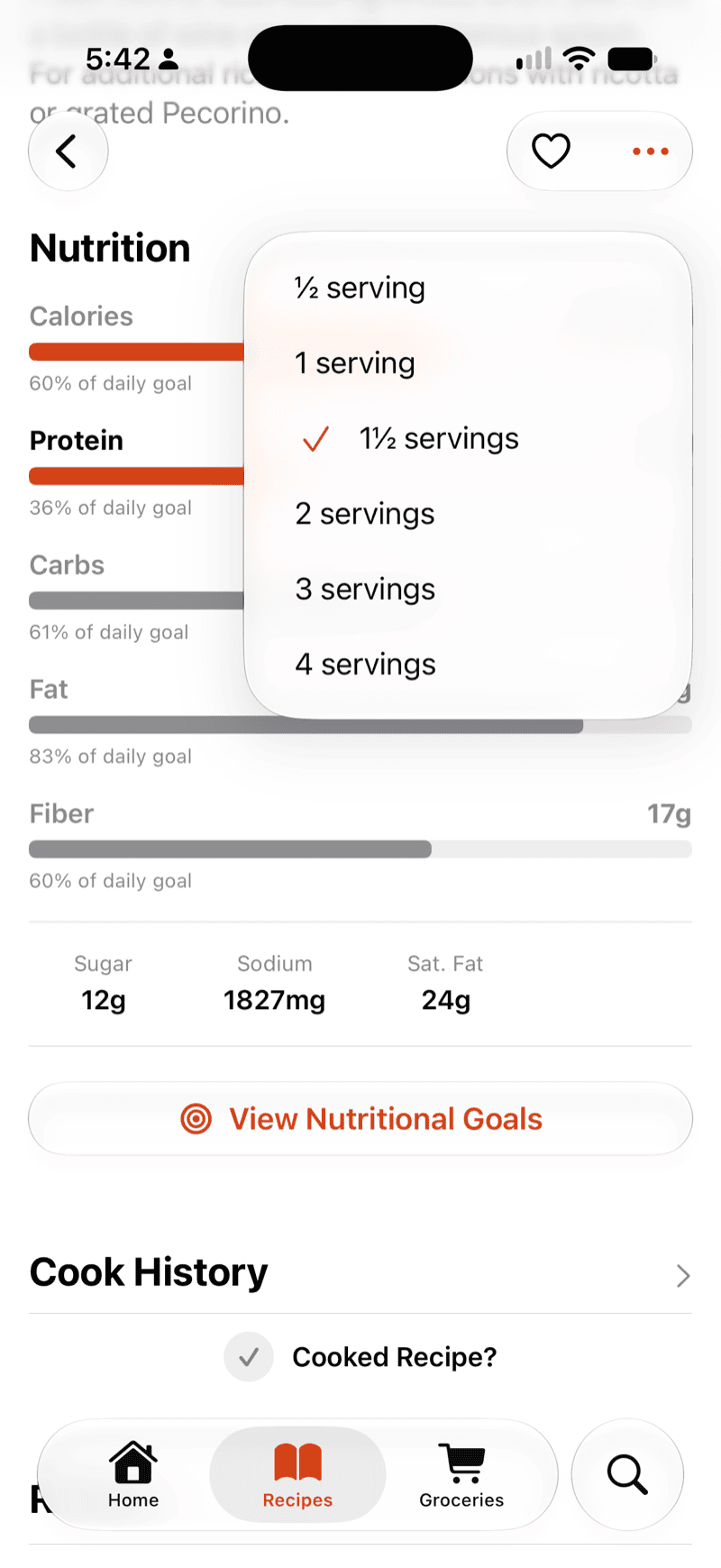 Choosing how many servings to count, with one and a half selected and every figure updated