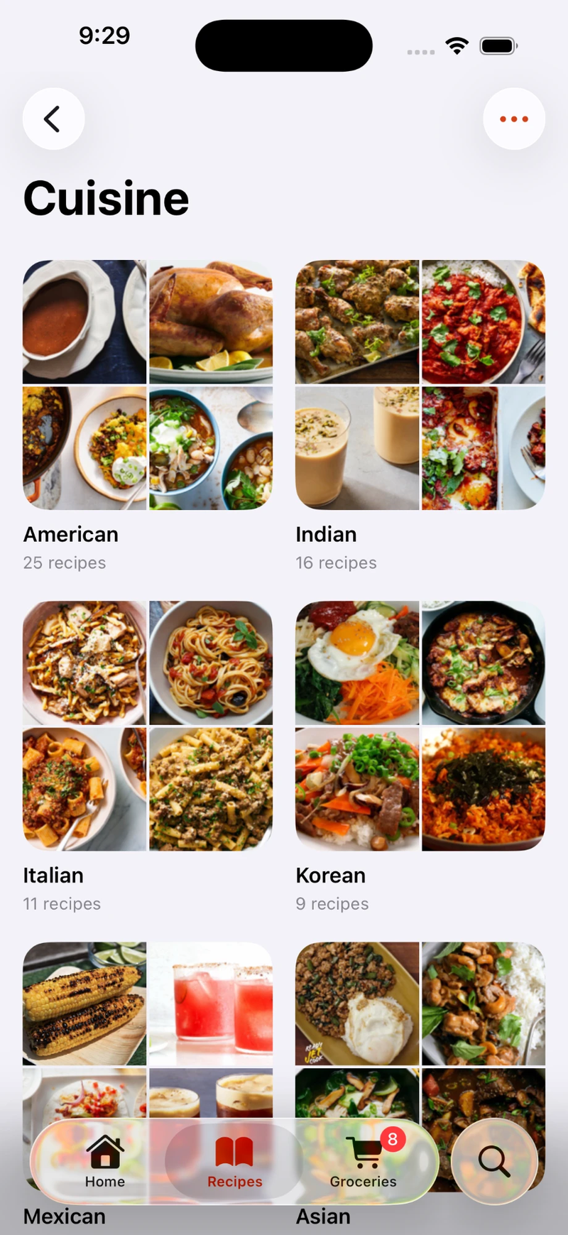 Recipes grouped by cuisine — American, Indian, Italian, Korean, Mexican and Asian