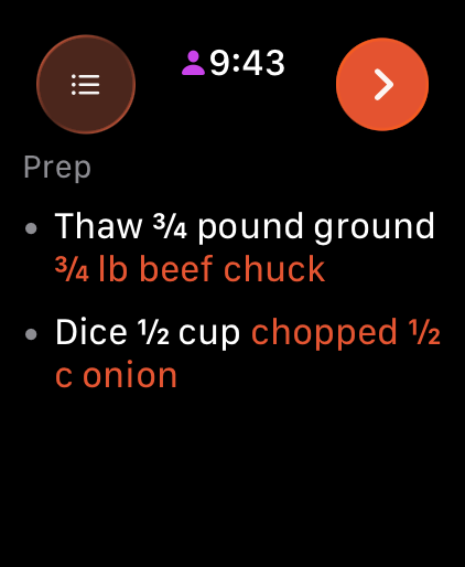 The same recipe's prep list mirrored on an Apple Watch Ultra